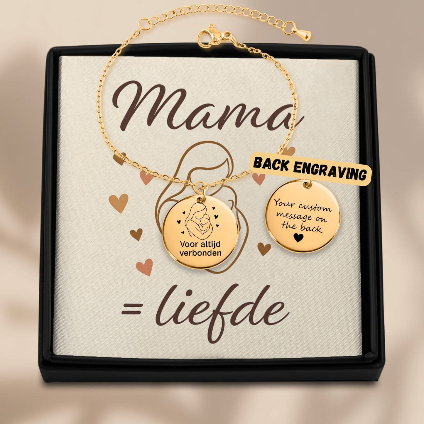 Mama & Kind – Gegraveerde Coin Armband met Lijntekening