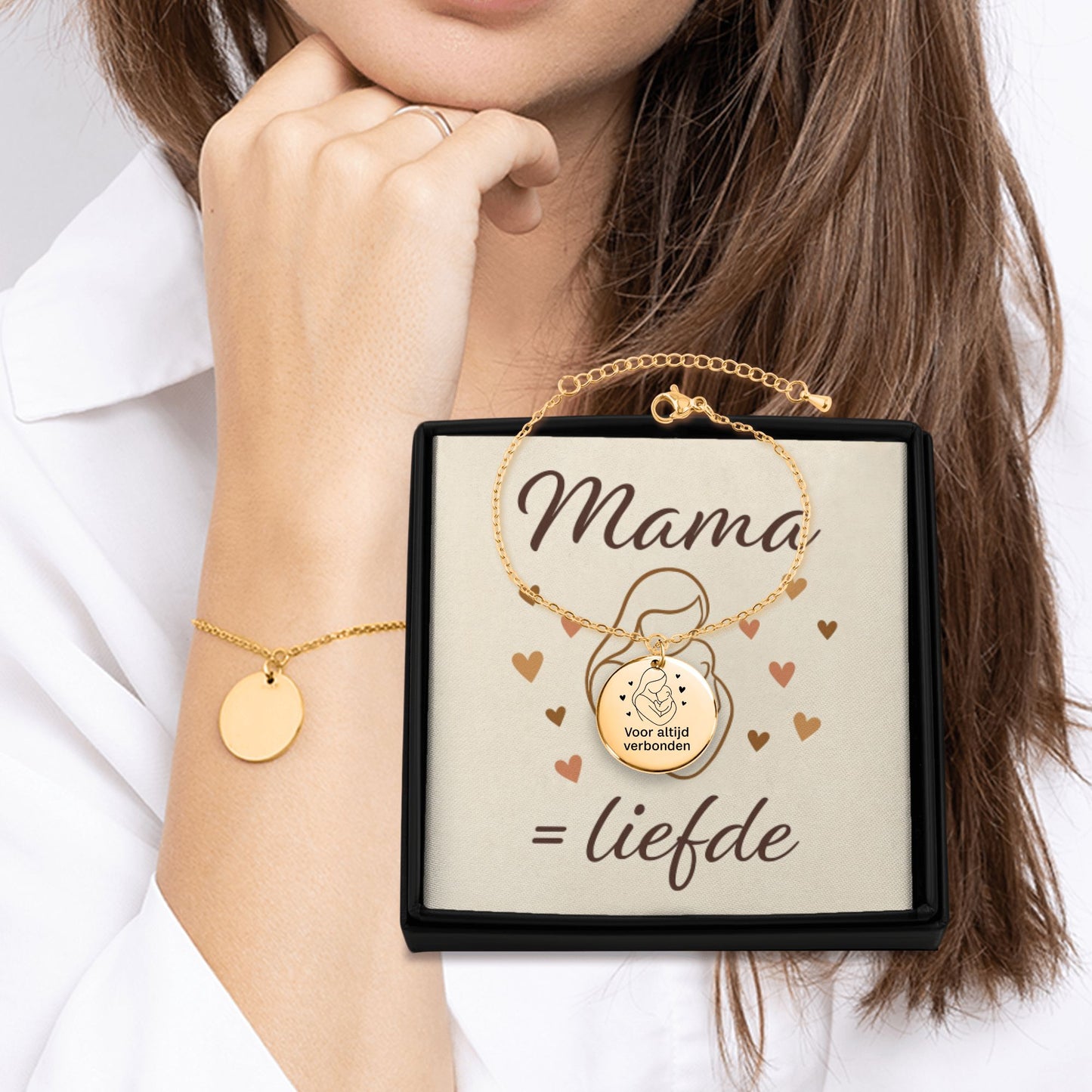 Mama & Kind – Gegraveerde Coin Armband met Lijntekening